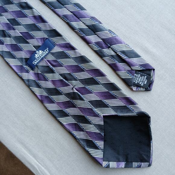 Stafford Silk Neck Tie purple black stripes geometric checkered 56" L x 4" W - Picture 5 of 8
